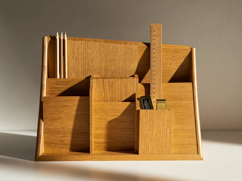 Organizer aus massiver Eiche mit Stiften, Lineal und kleinem Messingspitzer, Illustration